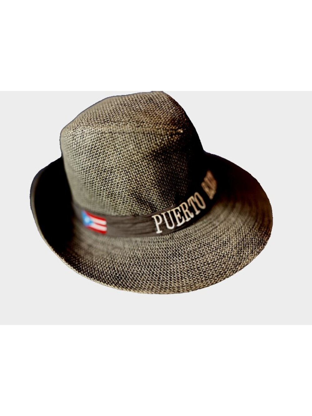 PUERTO RICO Panama Hat Black Paper Straw Embroidered Band Cotton PR Flag